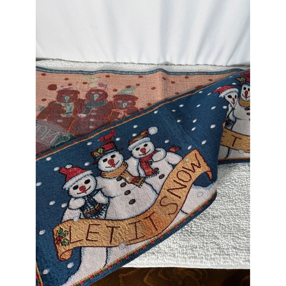 VTG Winter Snowman Tapestry Table Runner & Pot Holder Set Christmas Holiday 5 pc